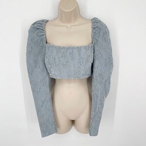 Naked Wardrobe Crop Top NEW Womens Sz S Style NWSP20-T3 Lt Blue Lace Long Sleeve